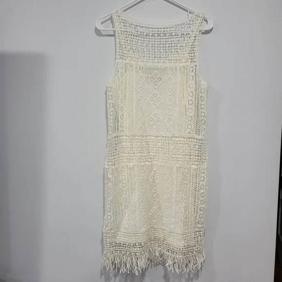 NWOT Ralph Lauren Ivory Crochet Overlay Fringe Hem Shift Dress. PS Faircore Boho - Picture 3 of 10